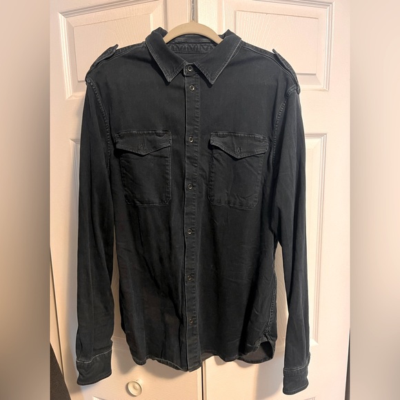 All-Saints Navy Stretch Denim Shirt - Picture 1 of 4